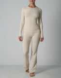 Agon Cream Crew-Neckline Top & Slight Flare-Leg Lounge Trousers Set