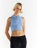 Knitted Light Blue Half Zip Sleeveless Crop Top