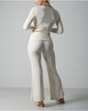 Agon Cream Long-Sleeve Wrap Top & Micro-Flare Trousers Set