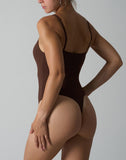 Agon Brown Lace-Trim V-Neck Bodysuit