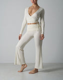 Agon Cream Long-Sleeve Wrap Top & Micro-Flare Trousers Set