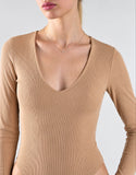 Agon Stone Fitted V-Neck Long Sleeves Bodysuit